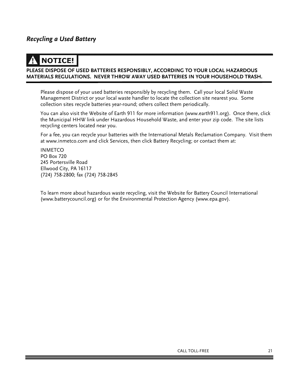 Recycling a used battery | DR Power 8.25 Pro Power Wagon (February 2007 - February 2009) User Manual | Page 25 / 54