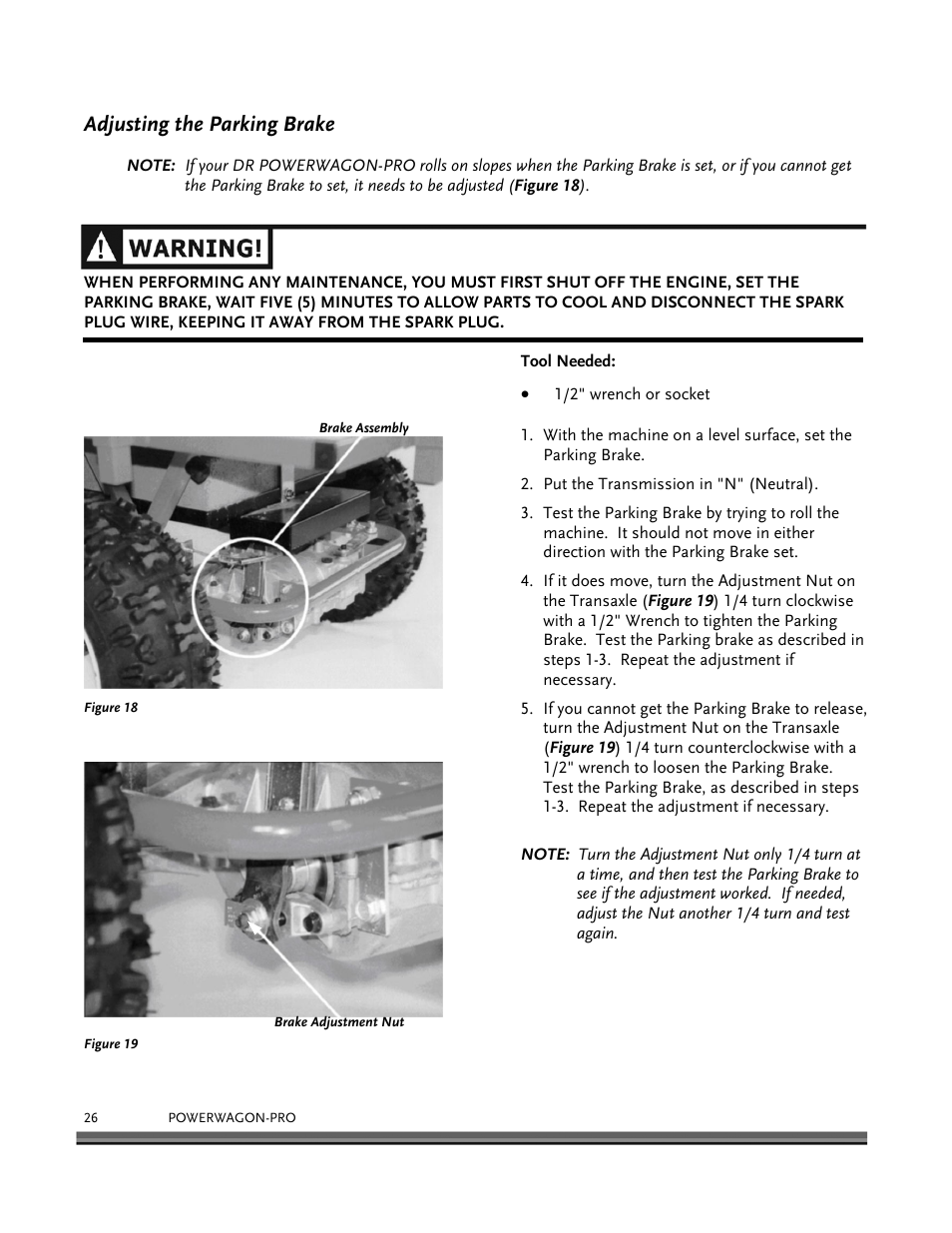 Adjusting the parking brake | DR Power 8.25 Pro Power Wagon (February 2007 - February 2009) User Manual | Page 30 / 54