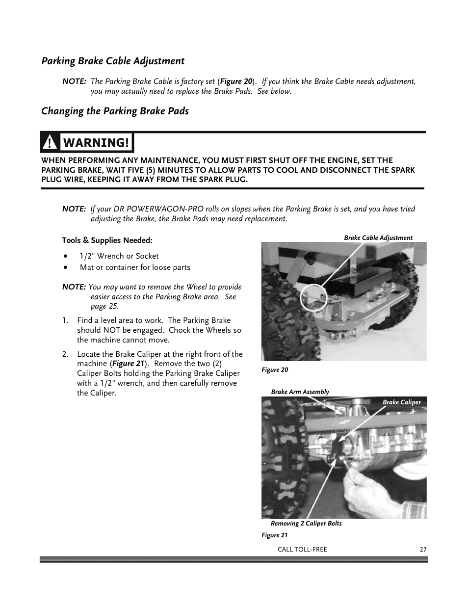 Parking brake cable adjustment, Changing the parking brake pads | DR Power 8.25 Pro Power Wagon (February 2007 - February 2009) User Manual | Page 31 / 54