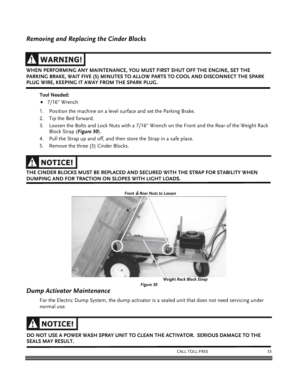 Removing and replacing the cinder blocks, Dump activator maintenance | DR Power 8.25 Pro Power Wagon (February 2007 - February 2009) User Manual | Page 37 / 54