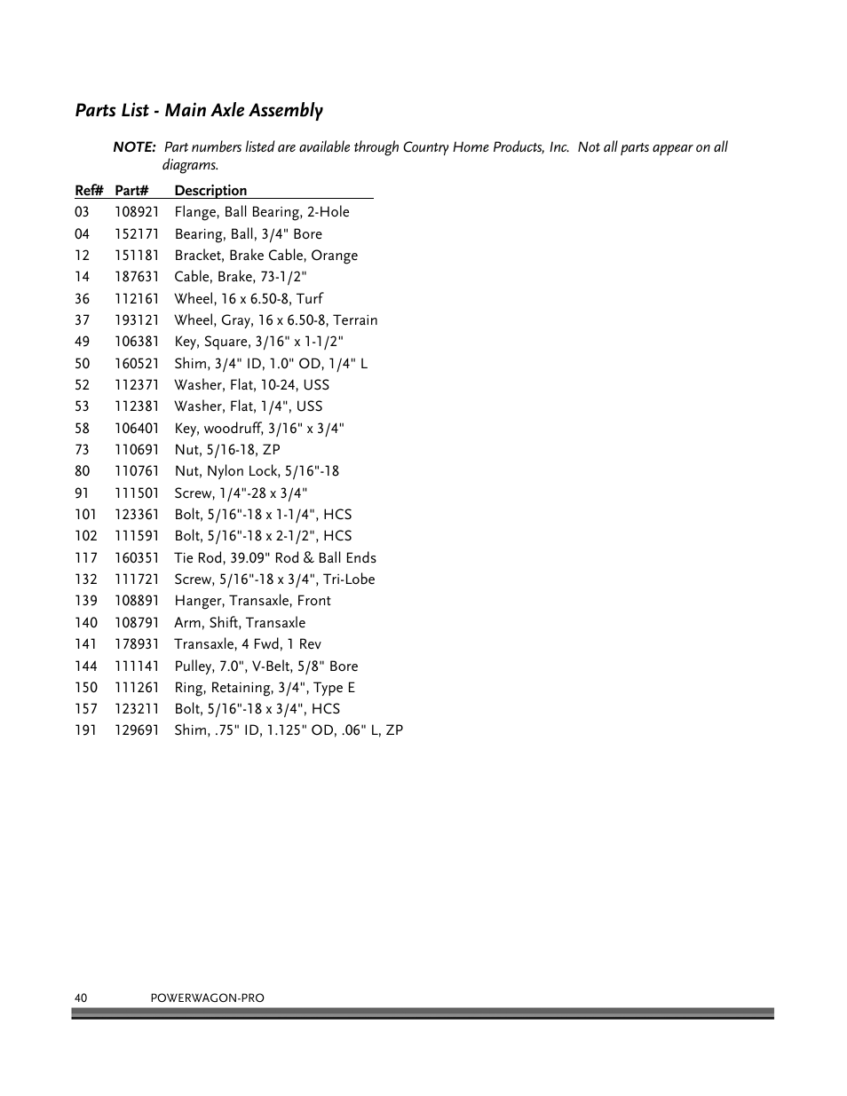 Parts list - main axle assembly | DR Power 8.25 Pro Power Wagon (February 2007 - February 2009) User Manual | Page 44 / 54
