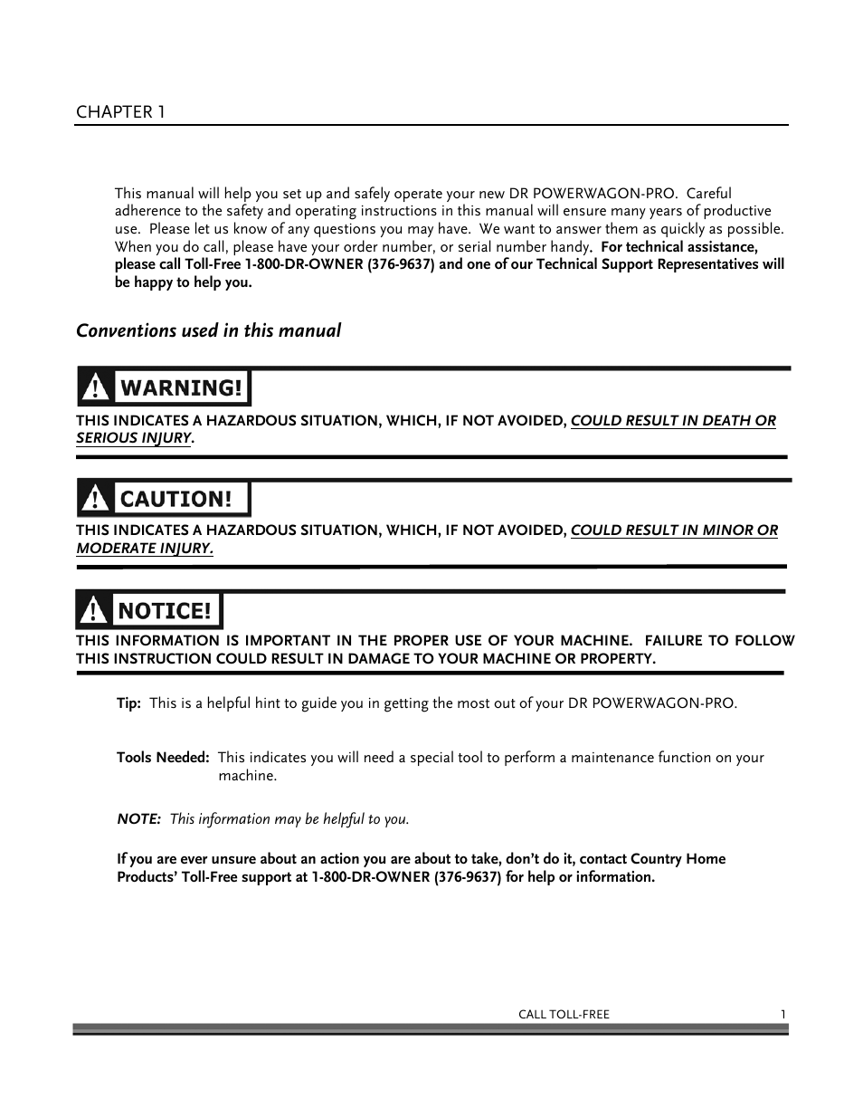 Introducing the dr powerwagon-pro, Conventions used in this manual | DR Power 8.25 Pro Power Wagon (February 2007 - February 2009) User Manual | Page 5 / 54