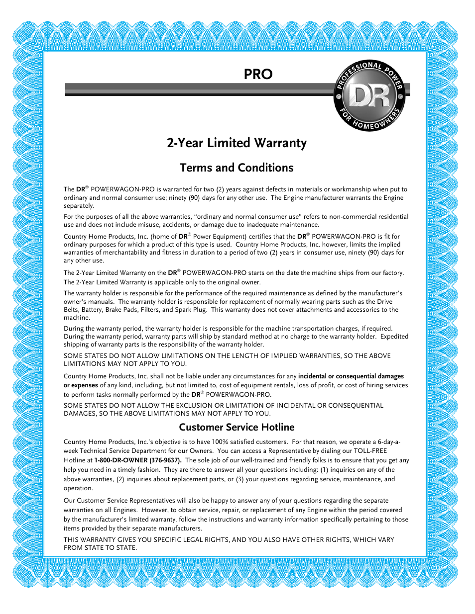 Powerwagon-pro, Year limited warranty, Terms and conditions | Customer service hotline | DR Power 8.25 Pro Power Wagon (February 2007 - February 2009) User Manual | Page 53 / 54