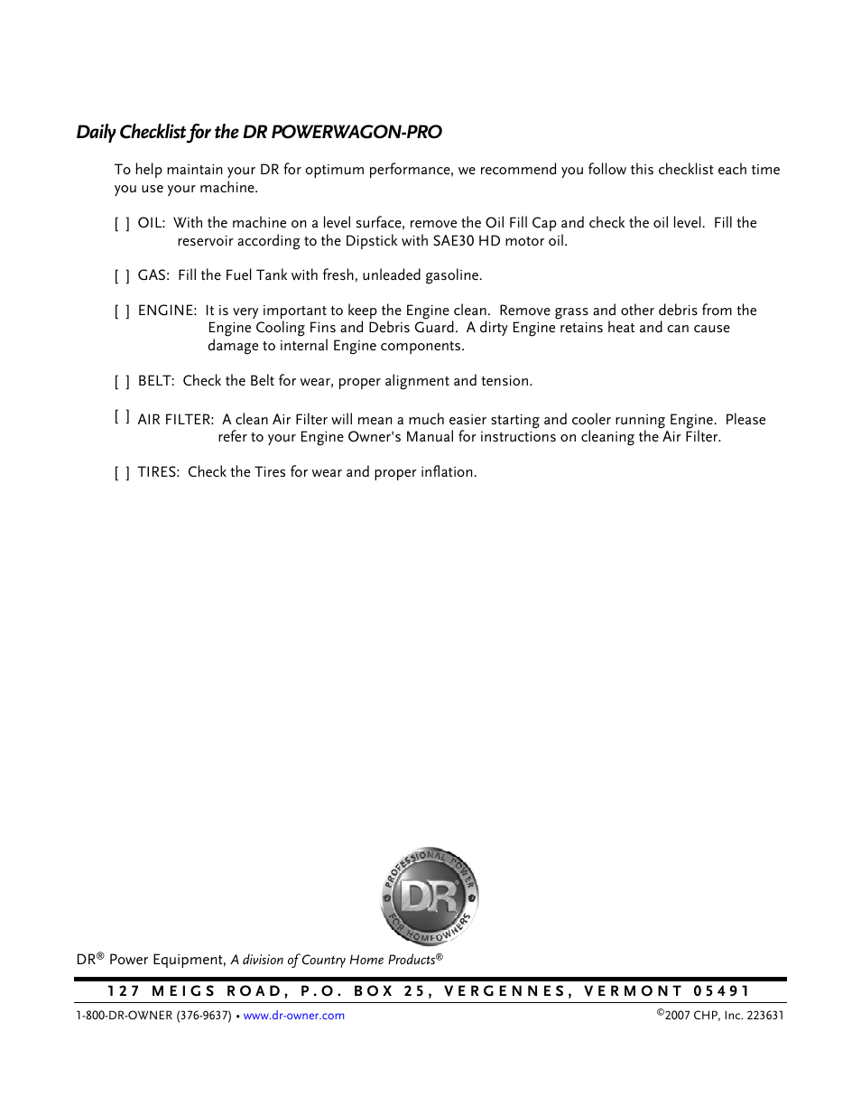 Daily checklist for the dr powerwagon-pro | DR Power 8.25 Pro Power Wagon (February 2007 - February 2009) User Manual | Page 54 / 54