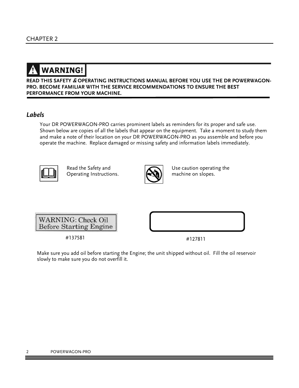 General safety rules, Warning: add oil before starting engine, Labels | DR Power 8.25 Pro Power Wagon (February 2007 - February 2009) User Manual | Page 6 / 54