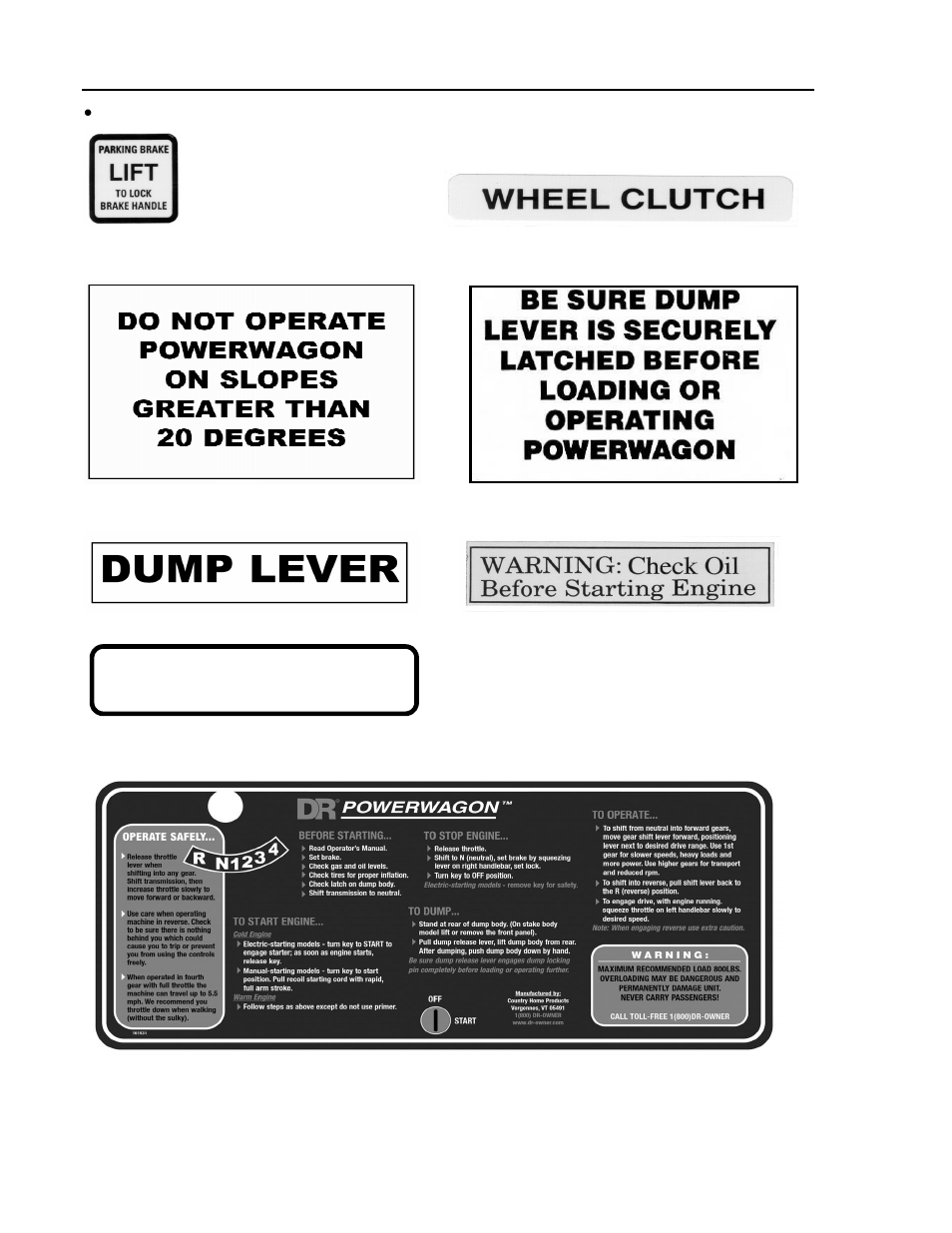 Safety/operation labels, Warning: add oil before starting engine | DR Power 6.0 HP Pro Power Wagon (June 2002 - January 2007) User Manual | Page 6 / 29