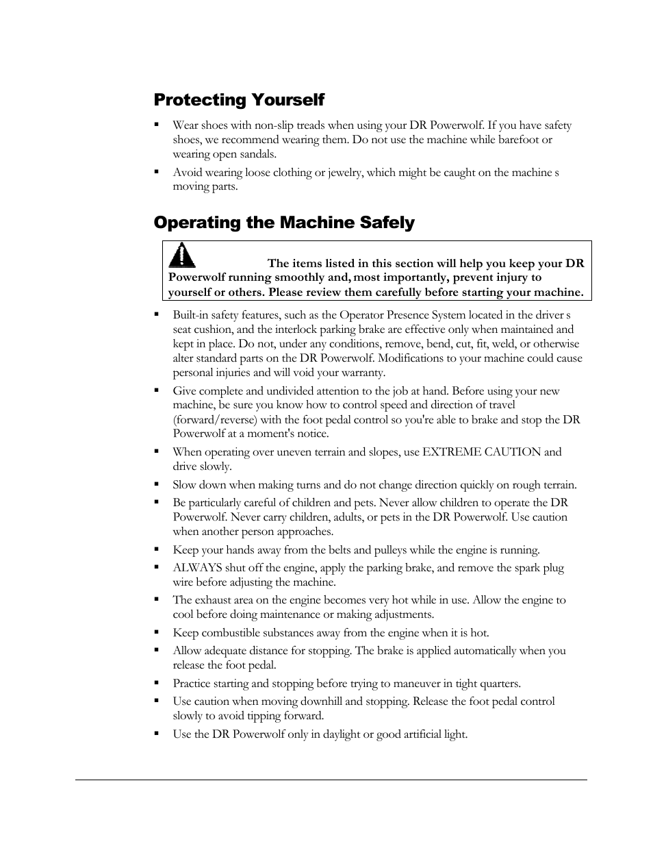 Protecting yourself, Operating the machine safely | DR Power Powerwolf Power Wagon User Manual | Page 10 / 52