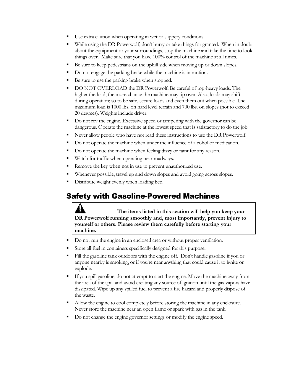 Safety with gasoline-powered machines | DR Power Powerwolf Power Wagon User Manual | Page 11 / 52