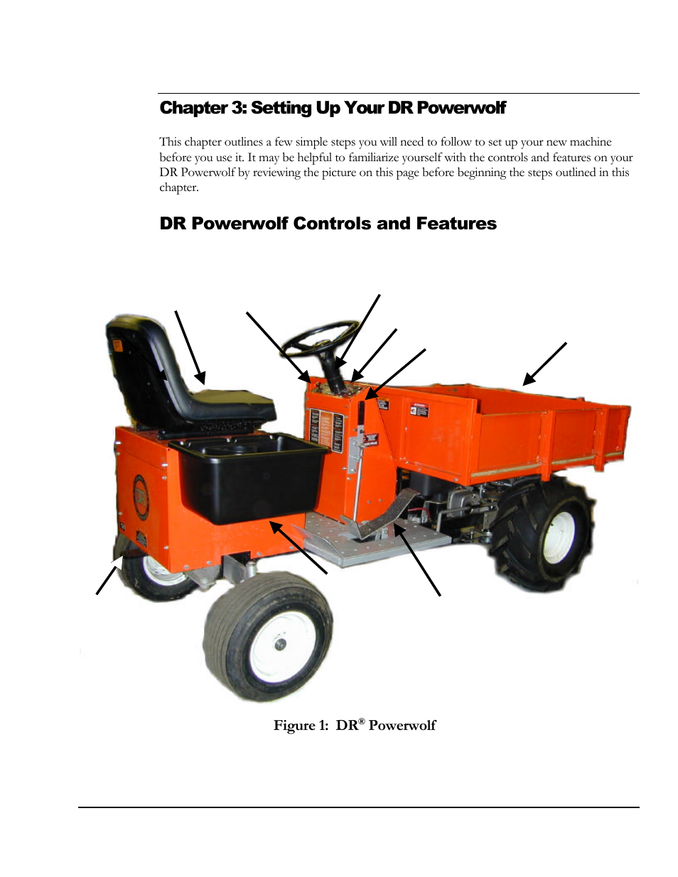 Chapter 3: setting up your dr powerwolf, Dr powerwolf controls and features, Figure 1: dr | Powerwolf | DR Power Powerwolf Power Wagon User Manual | Page 13 / 52