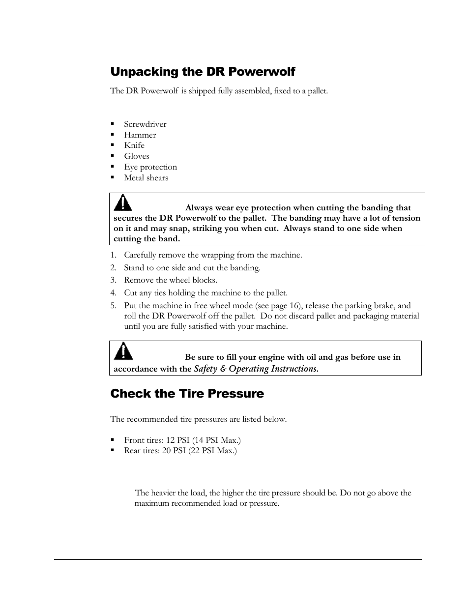 Unpacking the dr powerwolf, Check the tire pressure | DR Power Powerwolf Power Wagon User Manual | Page 14 / 52