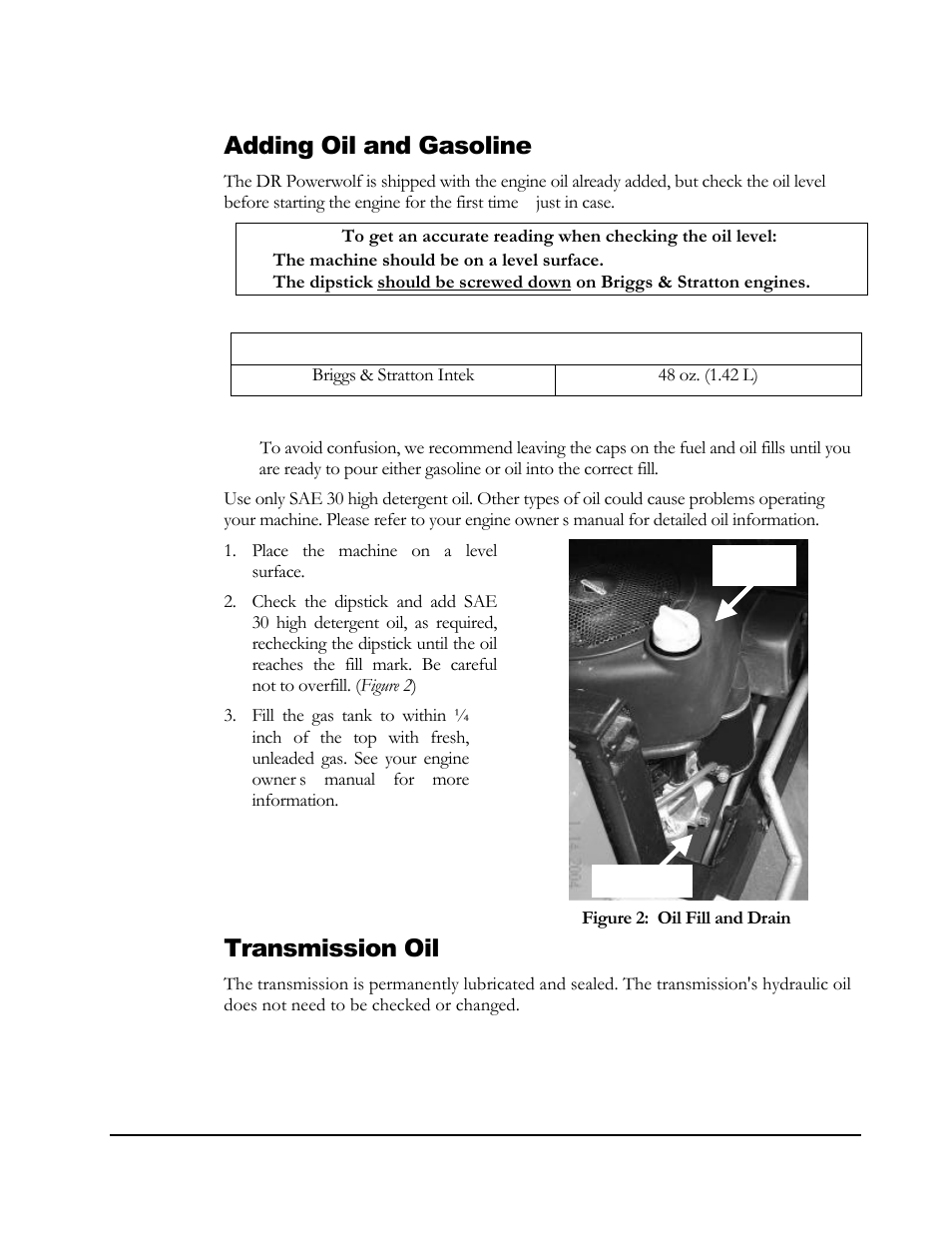 Adding oil and gasoline, Transmission oil | DR Power Powerwolf Power Wagon User Manual | Page 15 / 52