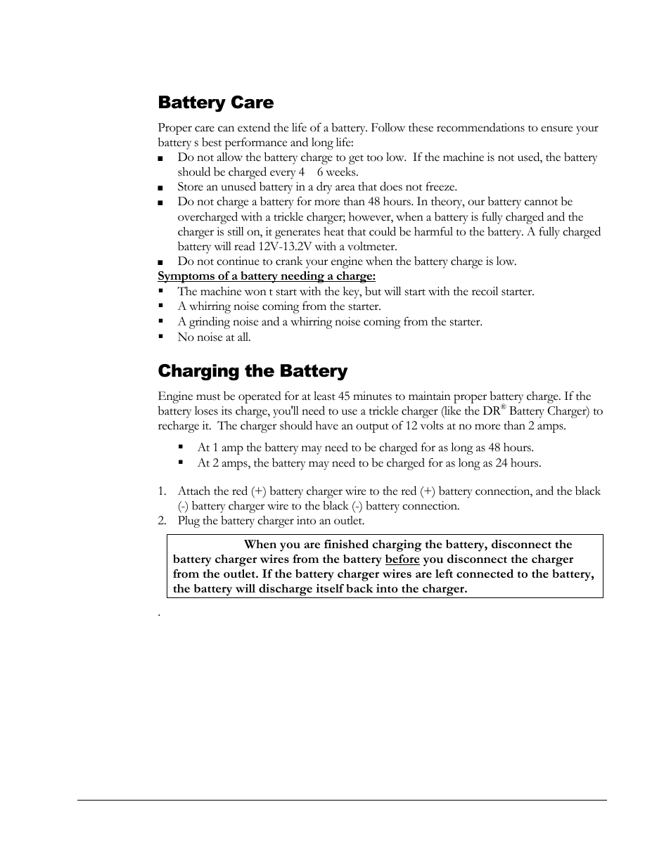 Battery care, Charging the battery | DR Power Powerwolf Power Wagon User Manual | Page 24 / 52