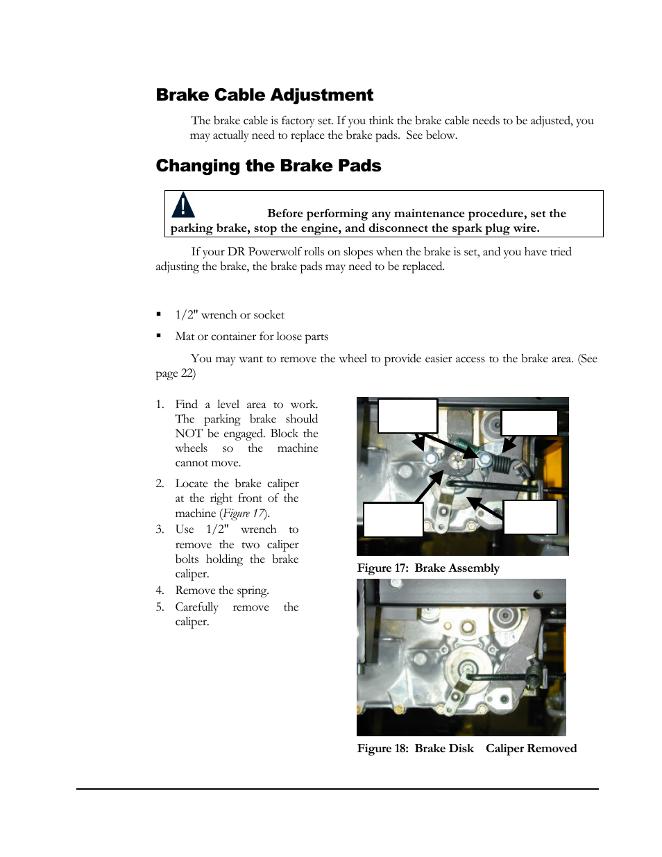 Brake cable adjustment, Changing the brake pads | DR Power Powerwolf Power Wagon User Manual | Page 31 / 52