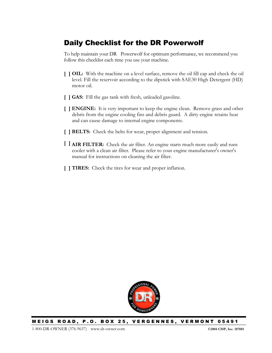 Daily checklist for the dr powerwolf | DR Power Powerwolf Power Wagon User Manual | Page 52 / 52