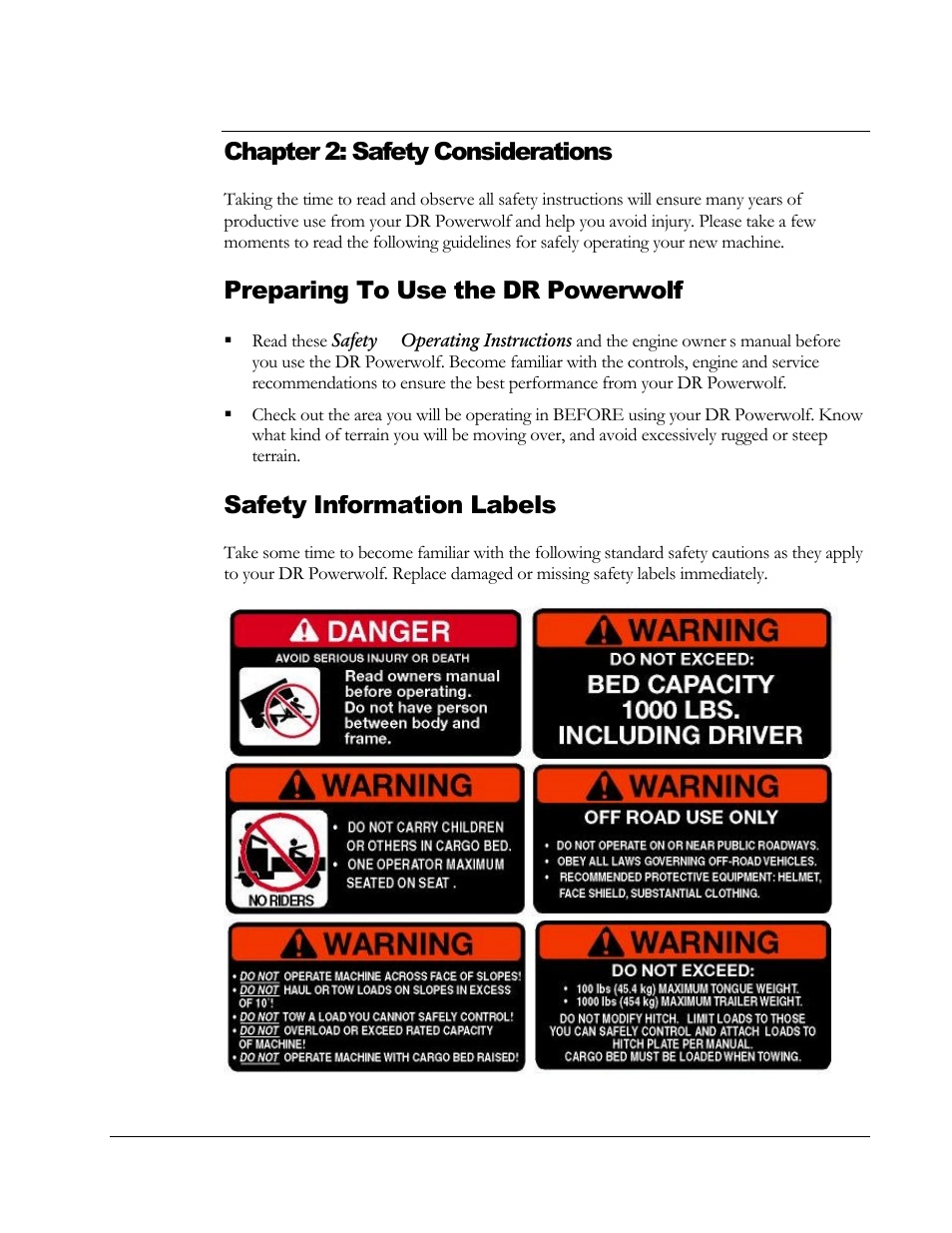 Chapter 2: safety considerations, Preparing to use the dr powerwolf, Safety information labels | DR Power Powerwolf Power Wagon User Manual | Page 8 / 52