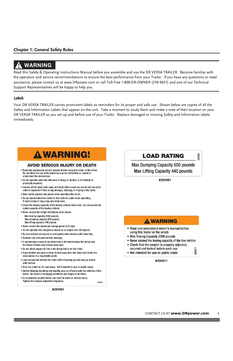 DR Power VT1 (1-ton) (Feb 2012 - Present) User Manual | Page 3 / 38