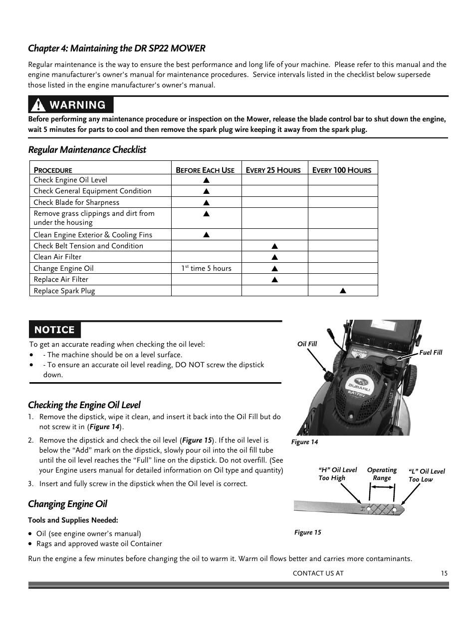 Chapter 4: maintaining the dr sp22 mower, Regular maintenance checklist, Checking the engine oil level | Changing engine oil | DR Power Lawn Mower Subaru Engine (January 2013 - March 2014) User Manual | Page 15 / 24