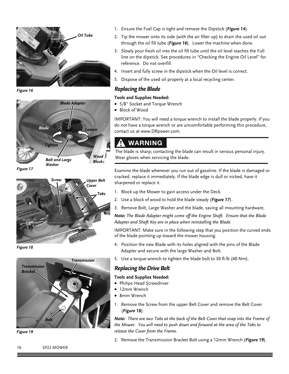 Replacing the blade, Replacing the drive belt | DR Power Lawn Mower Subaru Engine (January 2013 - March 2014) User Manual | Page 16 / 24