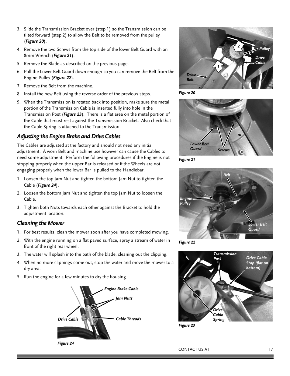 Adjusting the engine brake and drive cables, Cleaning the mower | DR Power Lawn Mower Subaru Engine (January 2013 - March 2014) User Manual | Page 17 / 24