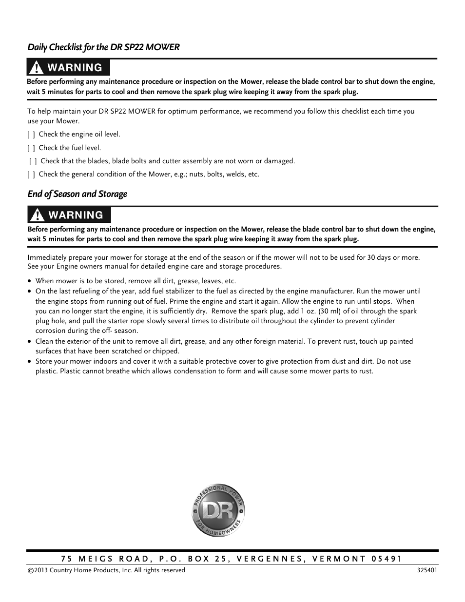 Daily checklist for the dr sp22 mower, End of season and storage | DR Power Lawn Mower Subaru Engine (January 2013 - March 2014) User Manual | Page 24 / 24