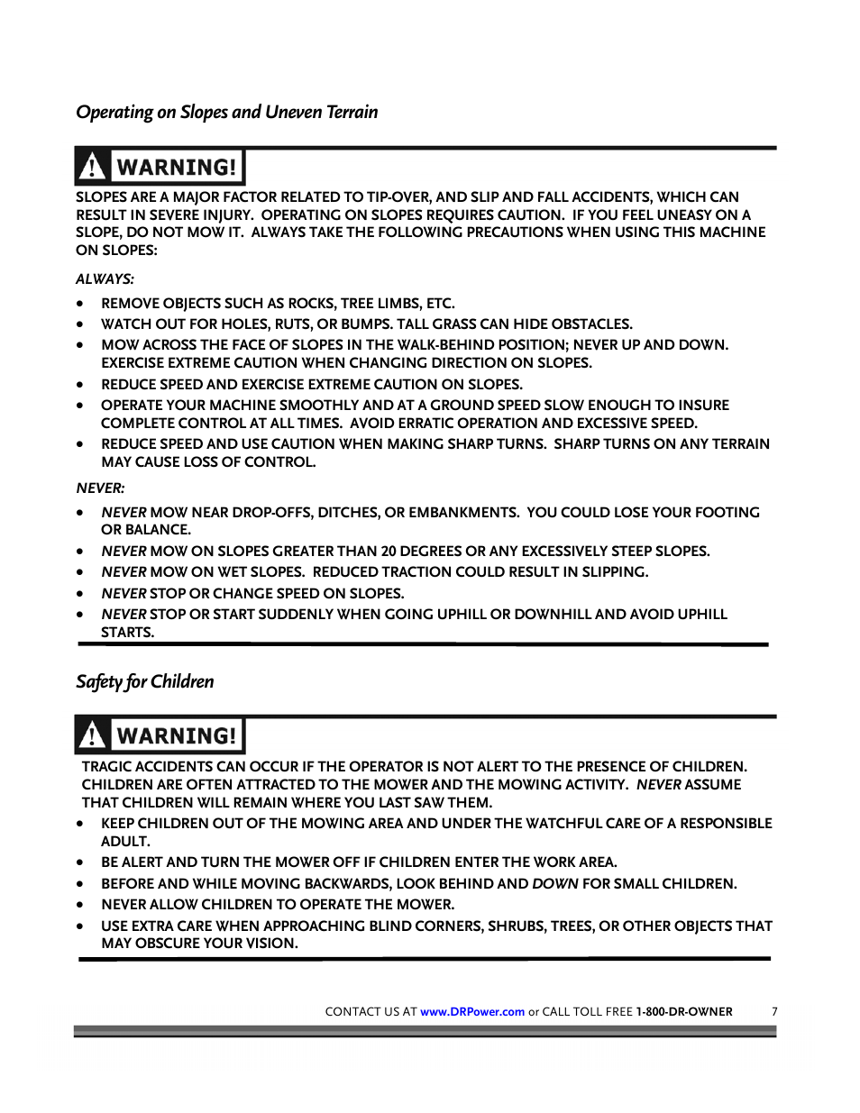 Operating on slopes and uneven terrain, Safety for children | DR Power Z-Mower 19.5 HP Versa-Pro User Manual | Page 11 / 84