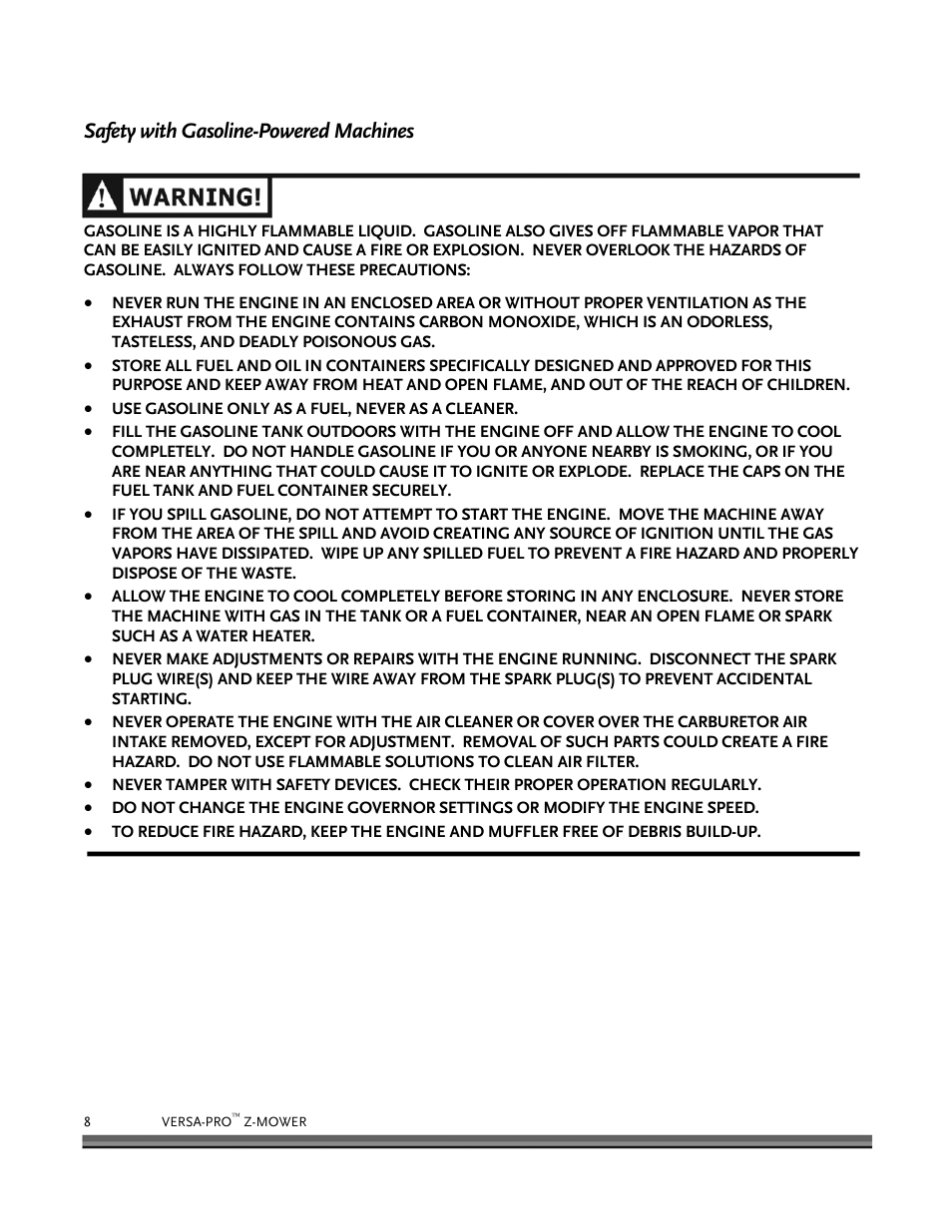 Safety with gasoline-powered machines | DR Power Z-Mower 19.5 HP Versa-Pro User Manual | Page 12 / 84