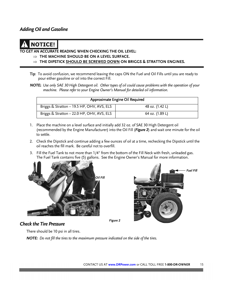 Adding oil and gasoline, Check the tire pressure | DR Power Z-Mower 19.5 HP Versa-Pro User Manual | Page 19 / 84