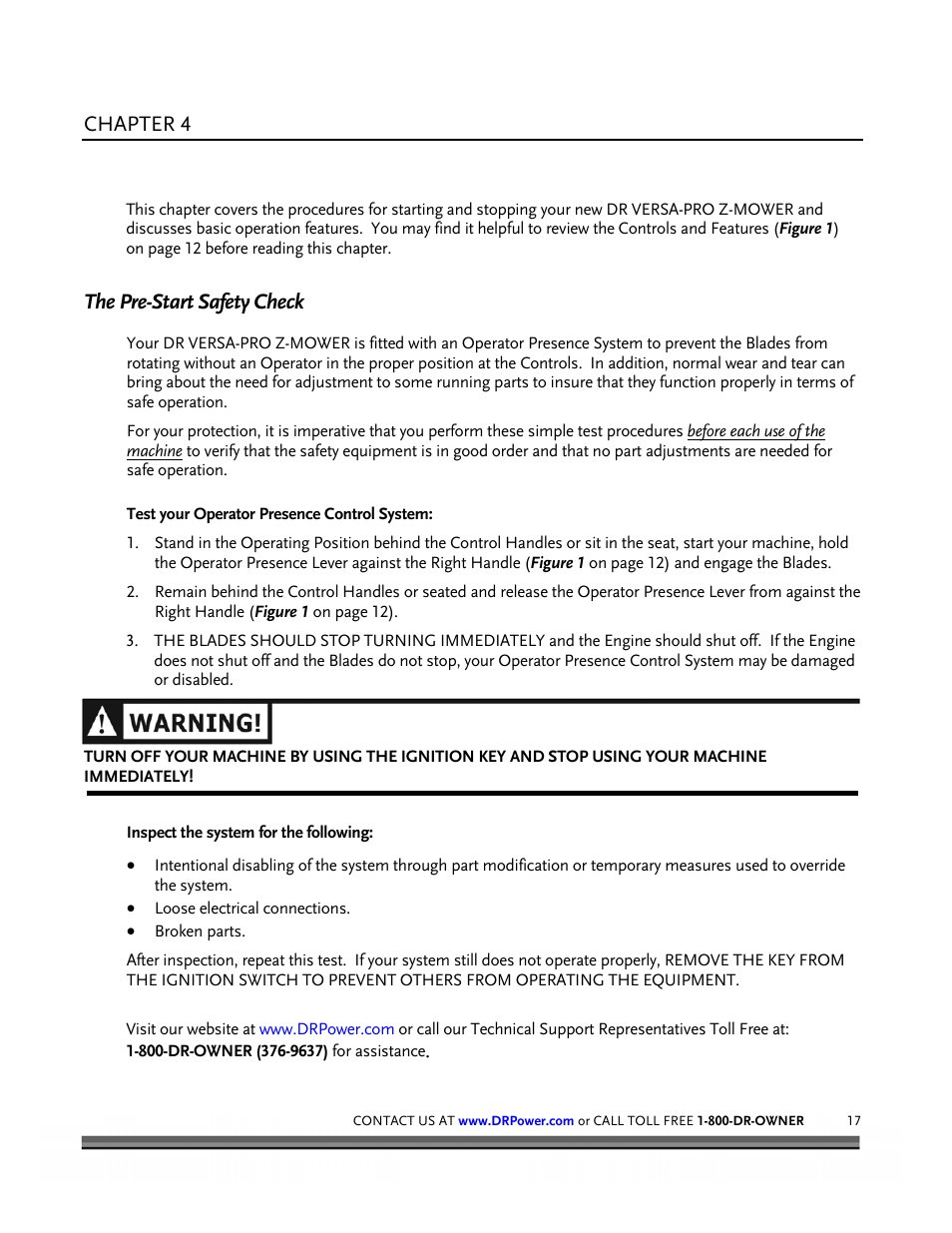 Chapter 4 operating your dr versa-pro z-mower, The pre-start safety check | DR Power Z-Mower 19.5 HP Versa-Pro User Manual | Page 21 / 84