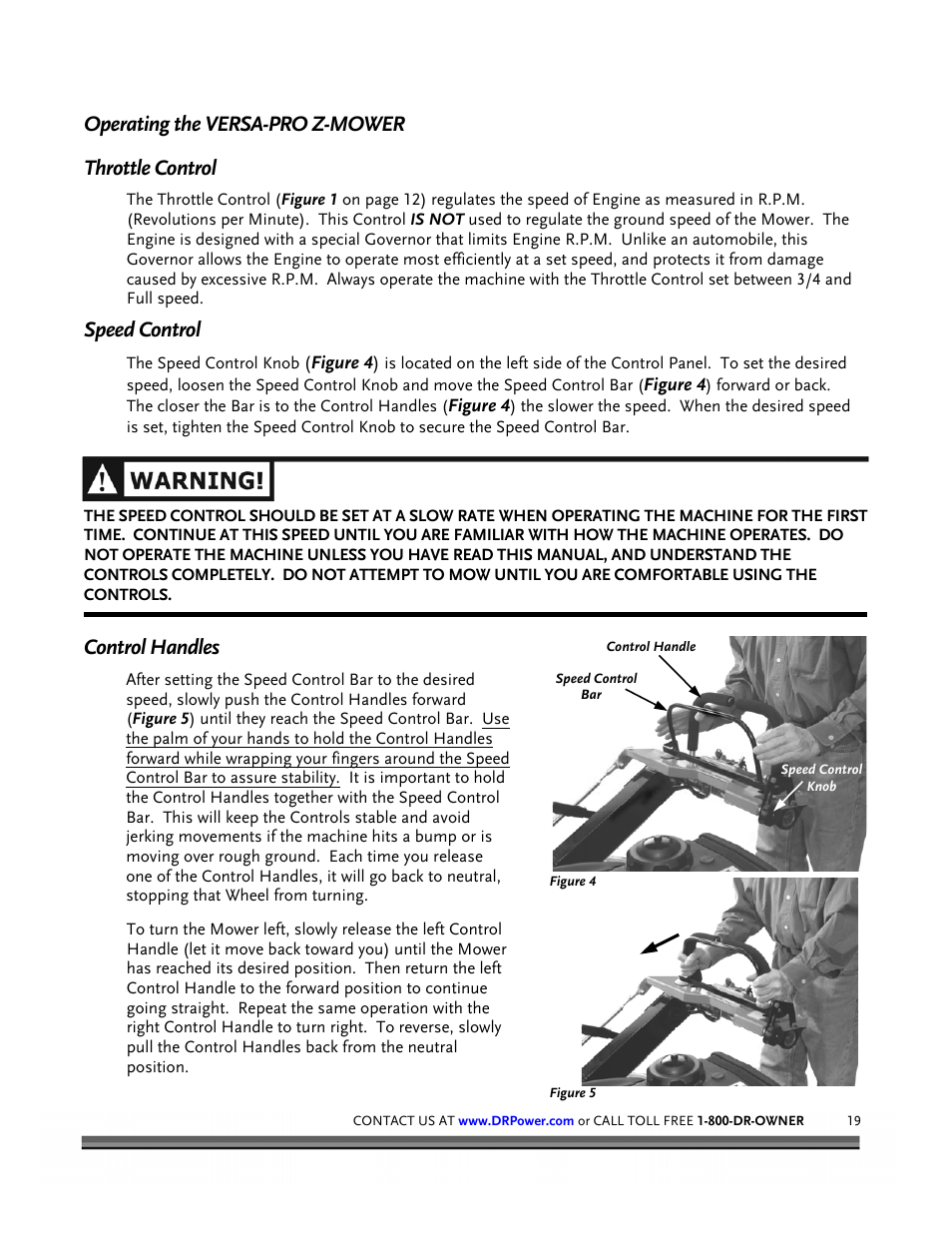 Operating the versa-pro z-mower throttle control, Speed control, Control handles | DR Power Z-Mower 19.5 HP Versa-Pro User Manual | Page 23 / 84