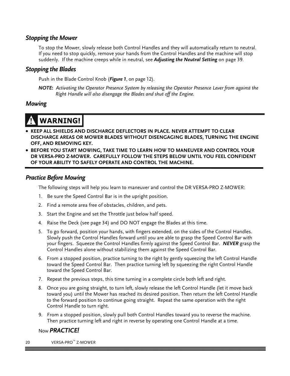 Stopping the mower, Stopping the blades, Mowing | Practice before mowing, Practice | DR Power Z-Mower 19.5 HP Versa-Pro User Manual | Page 24 / 84