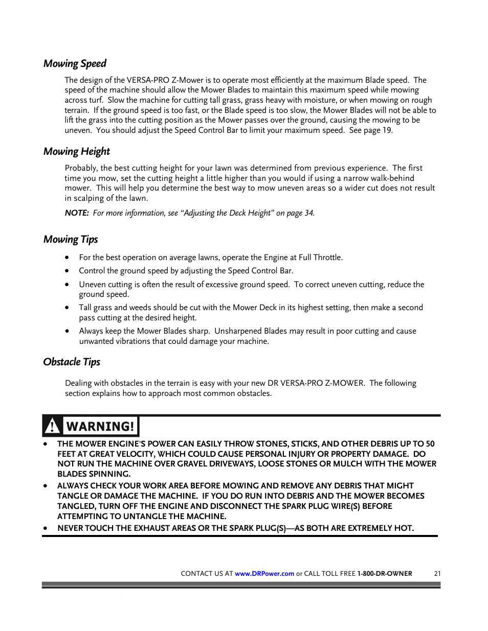 Mowing speed, Mowing height, Mowing tips | Obstacle tips | DR Power Z-Mower 19.5 HP Versa-Pro User Manual | Page 25 / 84