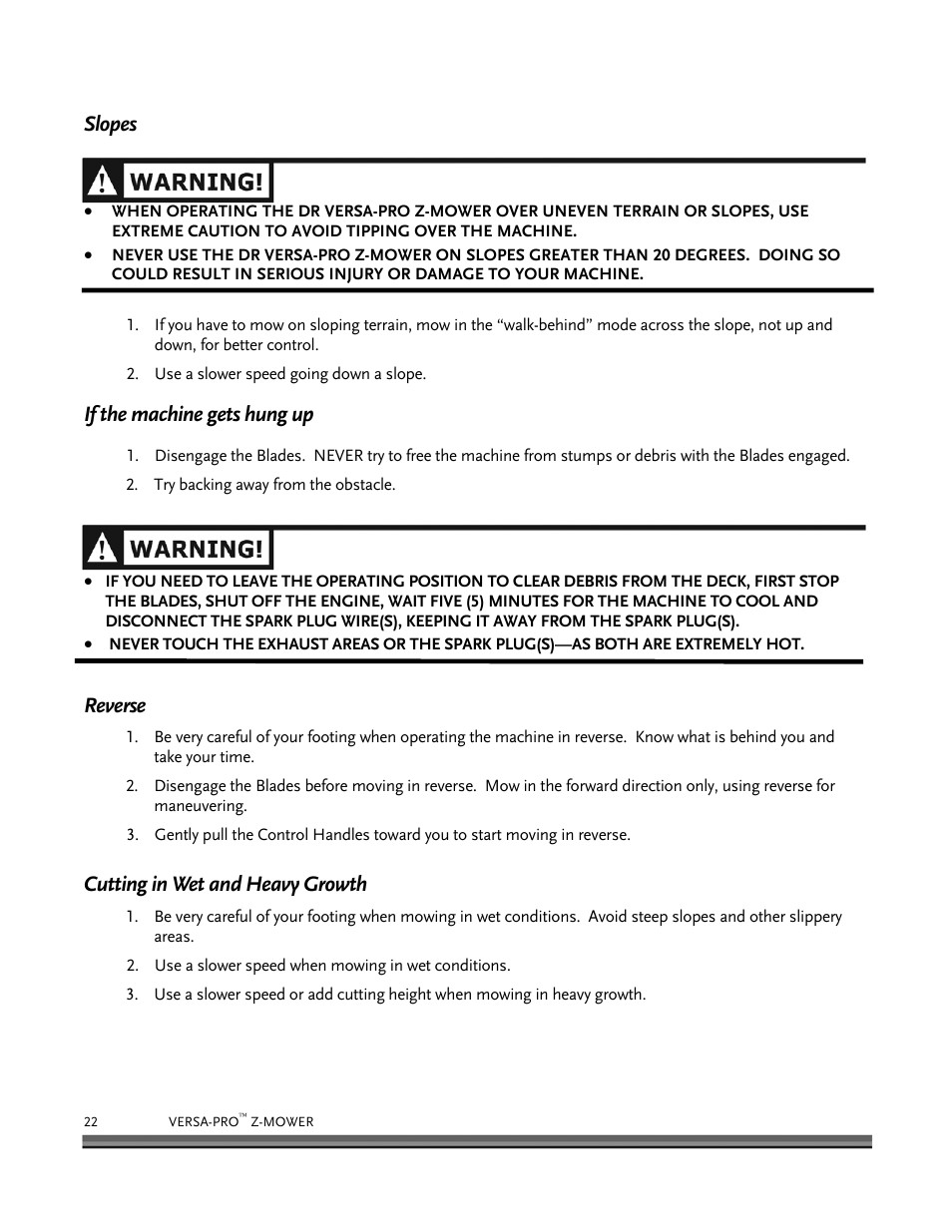 Slopes, If the machine gets hung up, Reverse | Cutting in wet and heavy growth | DR Power Z-Mower 19.5 HP Versa-Pro User Manual | Page 26 / 84
