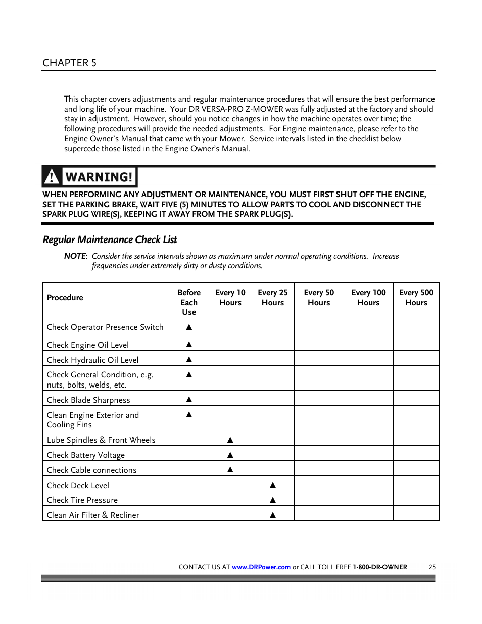 Chapter 5, Adjusting and maintaining the dr versa-pro z-mower, Regular maintenance check list | DR Power Z-Mower 19.5 HP Versa-Pro User Manual | Page 29 / 84