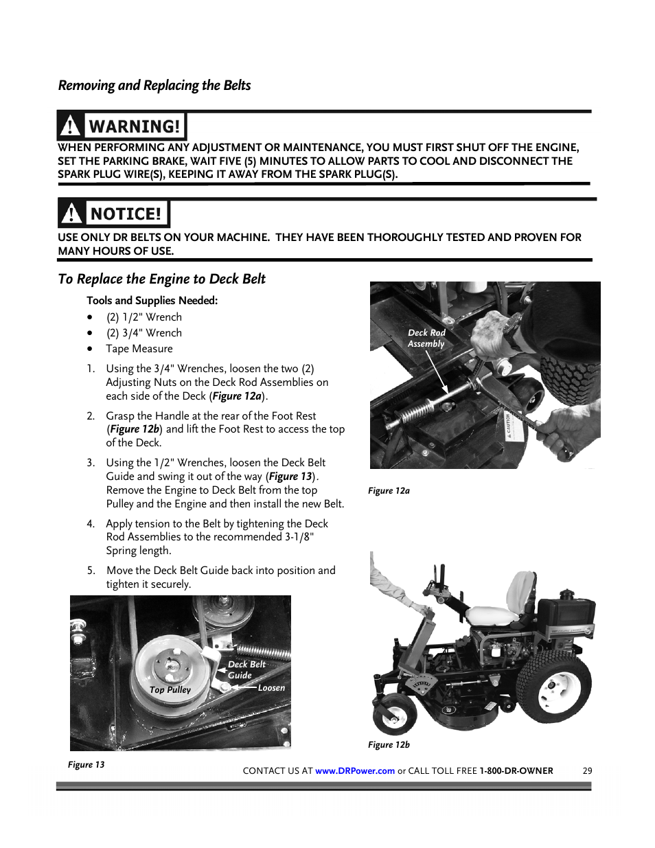 Removing and replacing the belts | DR Power Z-Mower 19.5 HP Versa-Pro User Manual | Page 33 / 84