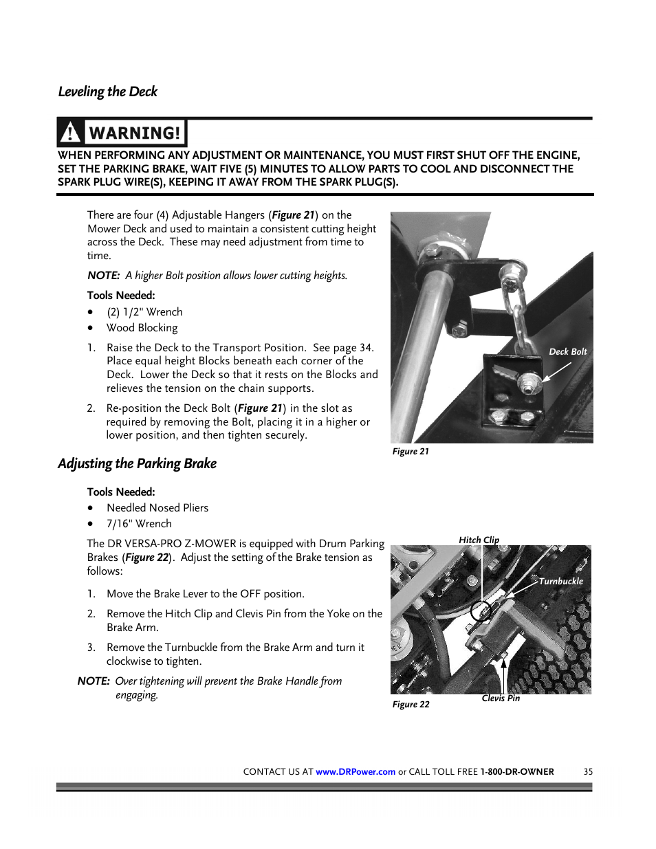 Leveling the deck, Adjusting the parking brake | DR Power Z-Mower 19.5 HP Versa-Pro User Manual | Page 39 / 84