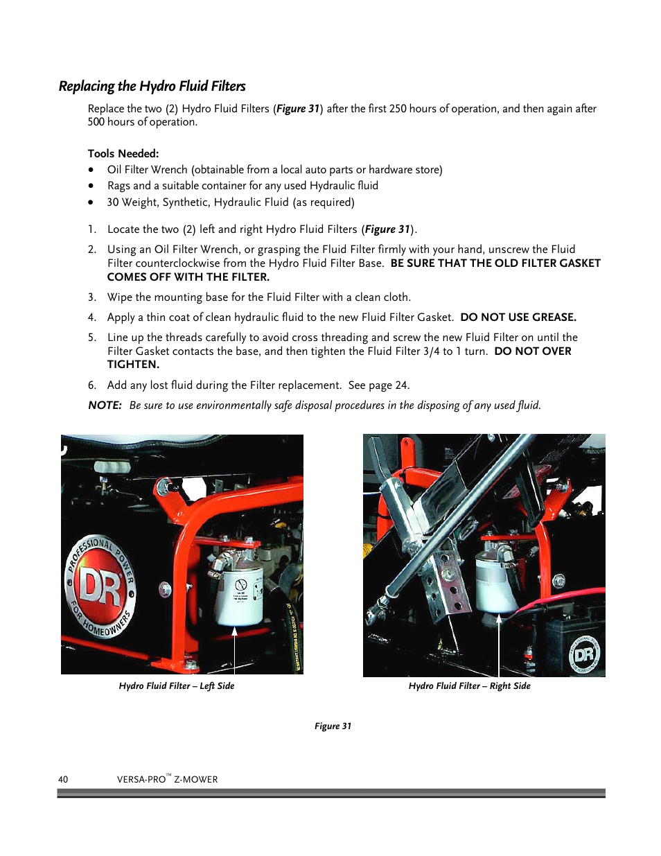 Replacing the hydro fluid filters | DR Power Z-Mower 19.5 HP Versa-Pro User Manual | Page 44 / 84