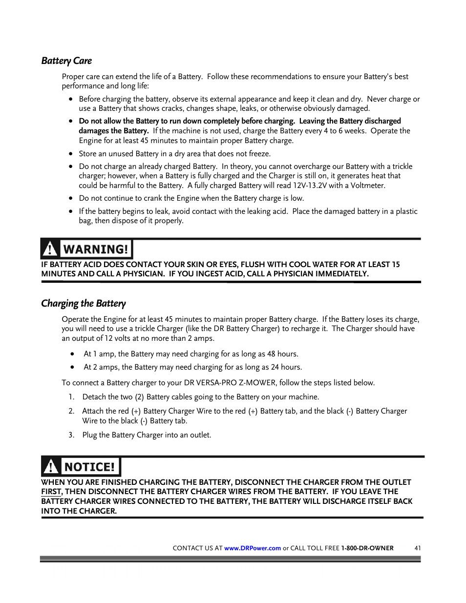 Battery care, Charging the battery | DR Power Z-Mower 19.5 HP Versa-Pro User Manual | Page 45 / 84