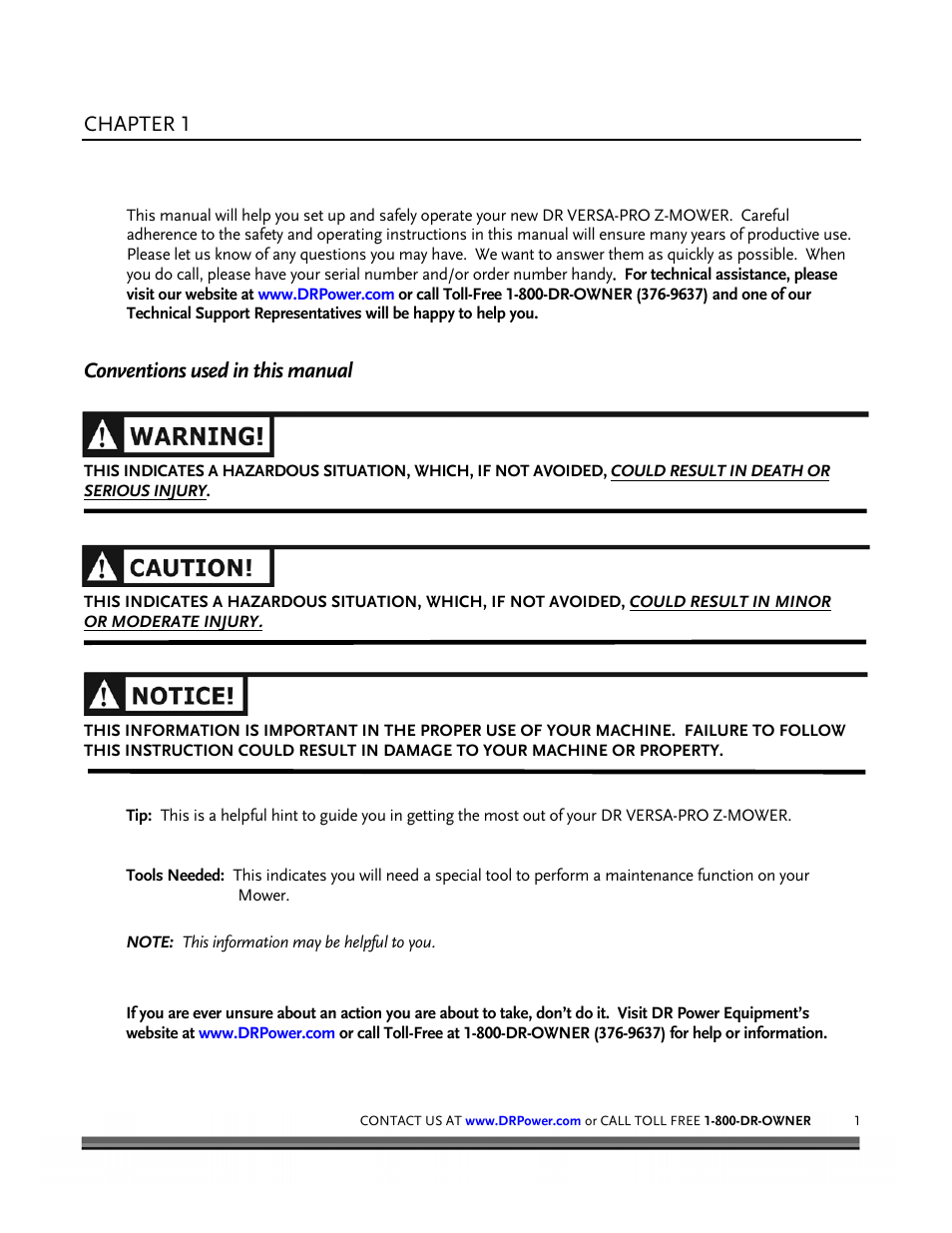 Chapter 1, Introducing the dr versa-pro z-mower, Conventions used in this manual | DR Power Z-Mower 19.5 HP Versa-Pro User Manual | Page 5 / 84
