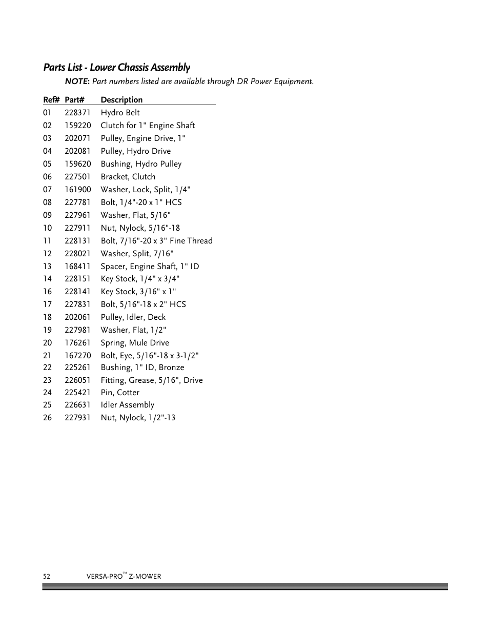 Parts list - lower chassis assembly | DR Power Z-Mower 19.5 HP Versa-Pro User Manual | Page 56 / 84