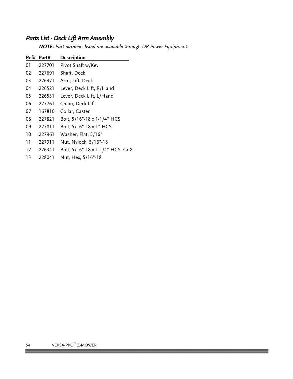 Parts list - deck lift arm assembly | DR Power Z-Mower 19.5 HP Versa-Pro User Manual | Page 58 / 84