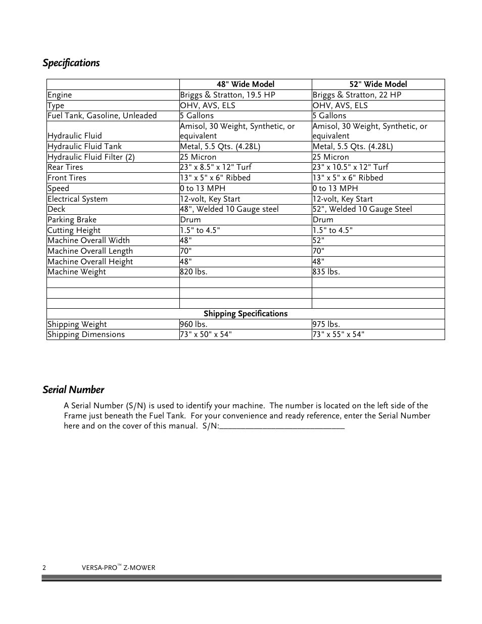 Specifications, Serial number | DR Power Z-Mower 19.5 HP Versa-Pro User Manual | Page 6 / 84