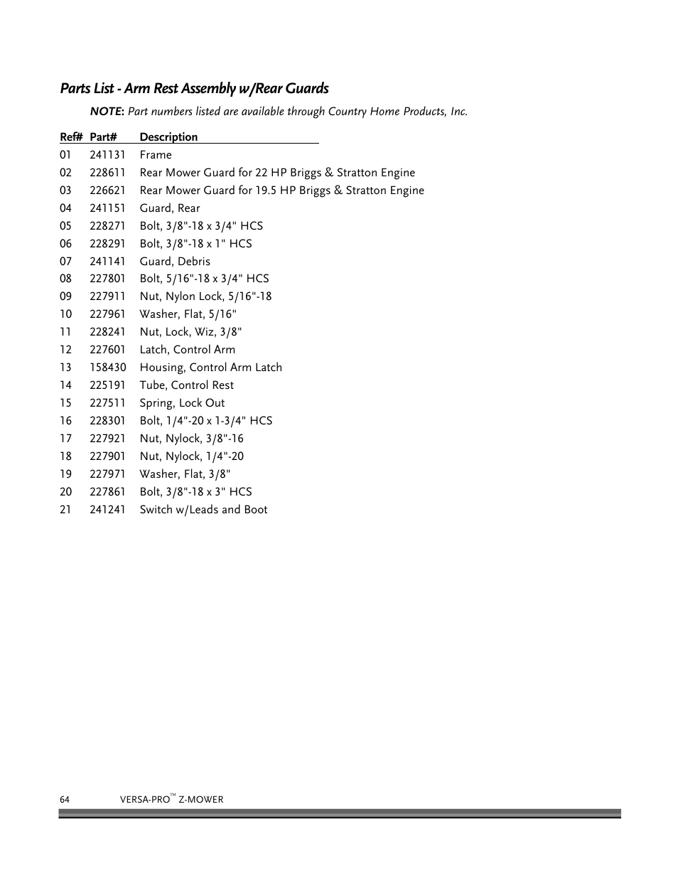 Parts list - arm rest assembly w/rear guards | DR Power Z-Mower 19.5 HP Versa-Pro User Manual | Page 68 / 84