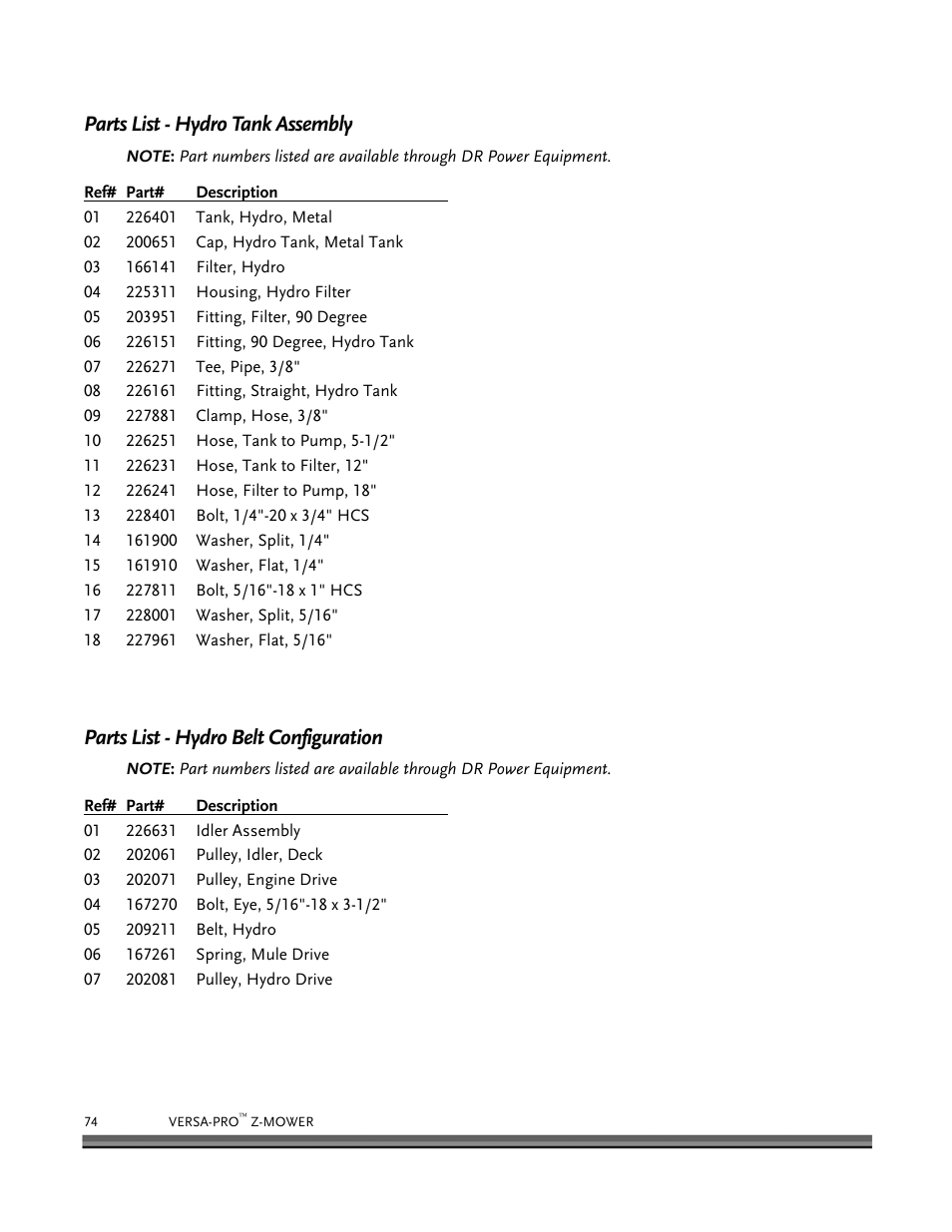 Parts list - hydro tank assembly, Parts list - hydro belt configuration | DR Power Z-Mower 19.5 HP Versa-Pro User Manual | Page 78 / 84