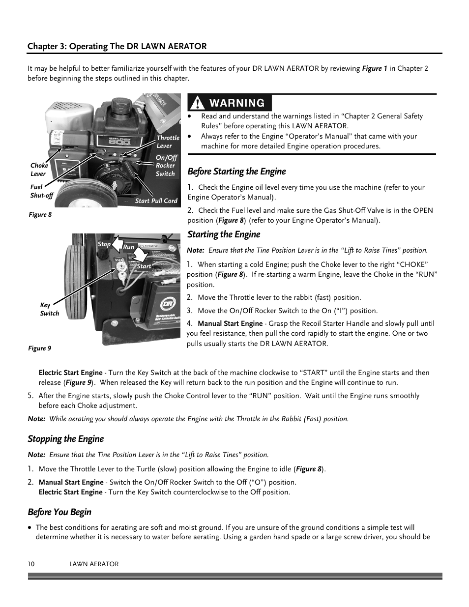 Before starting the engine, Starting the engine, Stopping the engine | Before you begin | DR Power Lawn Aerator User Manual | Page 10 / 28