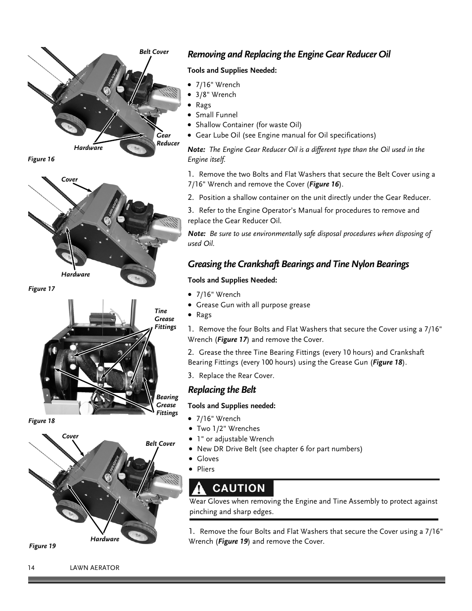 Removing and replacing the engine gear reducer oil, Replacing the belt | DR Power Lawn Aerator User Manual | Page 14 / 28