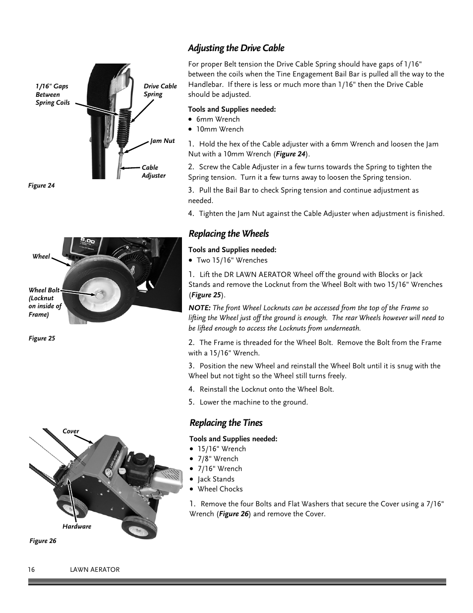 Adjusting the drive cable, Replacing the wheels, Replacing the tines | DR Power Lawn Aerator User Manual | Page 16 / 28