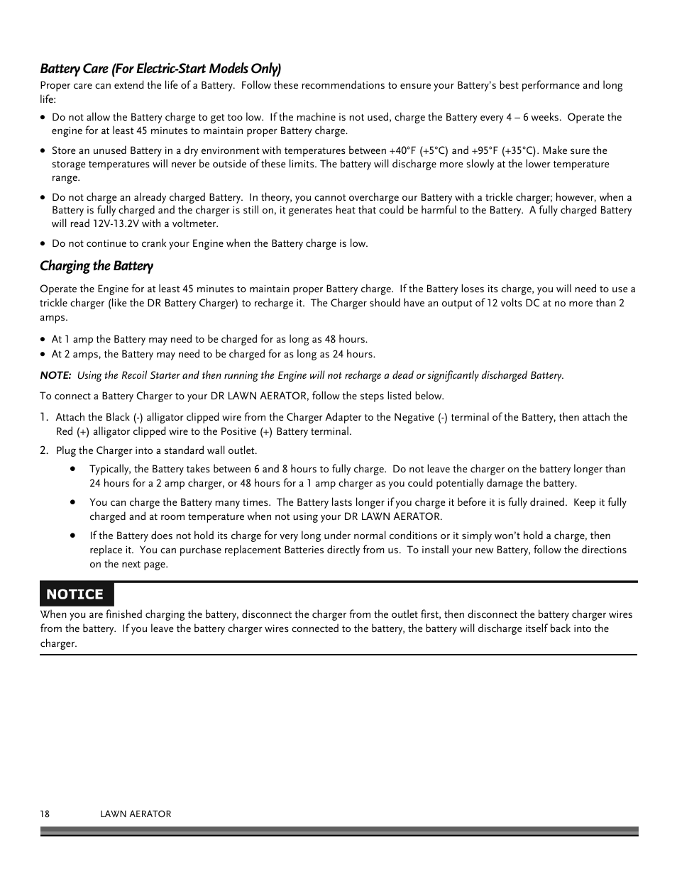 Battery care (for electric-start models only), Charging the battery | DR Power Lawn Aerator User Manual | Page 18 / 28