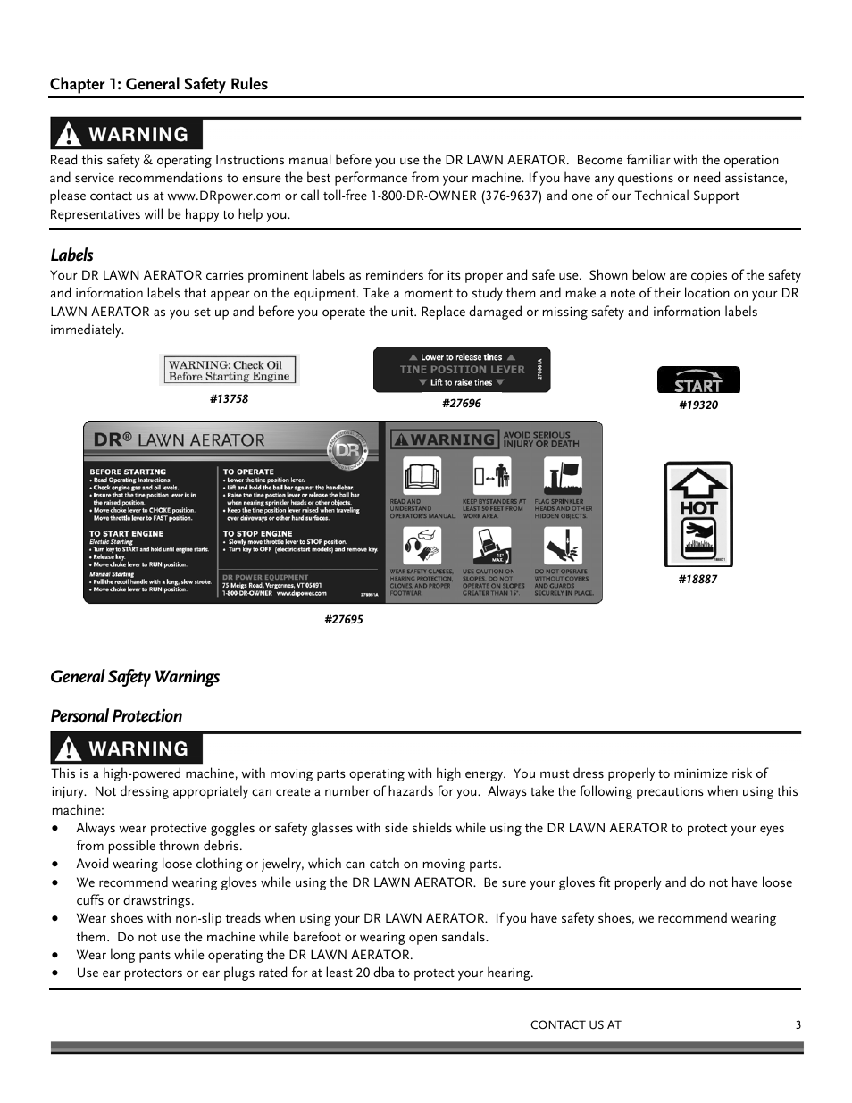 Labels, General safety warnings personal protection | DR Power Lawn Aerator User Manual | Page 3 / 28