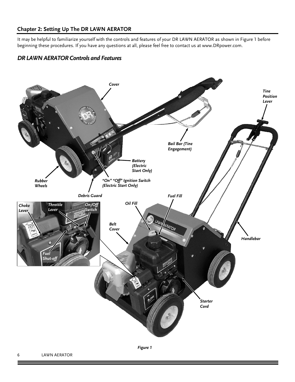 Dr lawn aerator controls and features, Chapter 2: setting up the dr lawn aerator | DR Power Lawn Aerator User Manual | Page 6 / 28