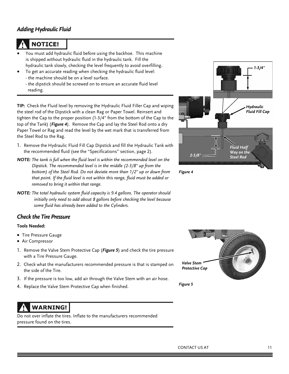 Adding hydraulic fluid, Check the tire pressure | DR Power Towable Backhoe User Manual | Page 11 / 40